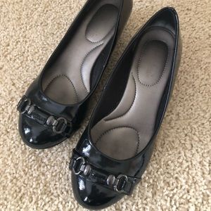 Black Patent With Buckle Accent Wedge